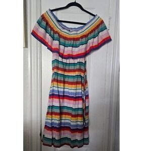 4OUR‎ DREAMERS Striped Off Shoulder Dress Colorful Linen Blend Summer L